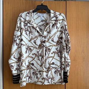 Joseph Ribkoff Cream and Brown Chain Print Blouse